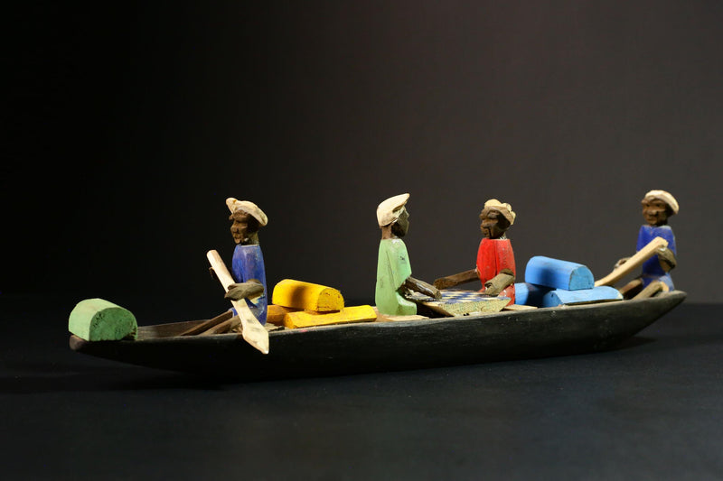 African Wooden Sculpture 4 Figures Handcrafted African Tribal Art - Wooden Boat Sculpture with Four Figures Decor -G1724