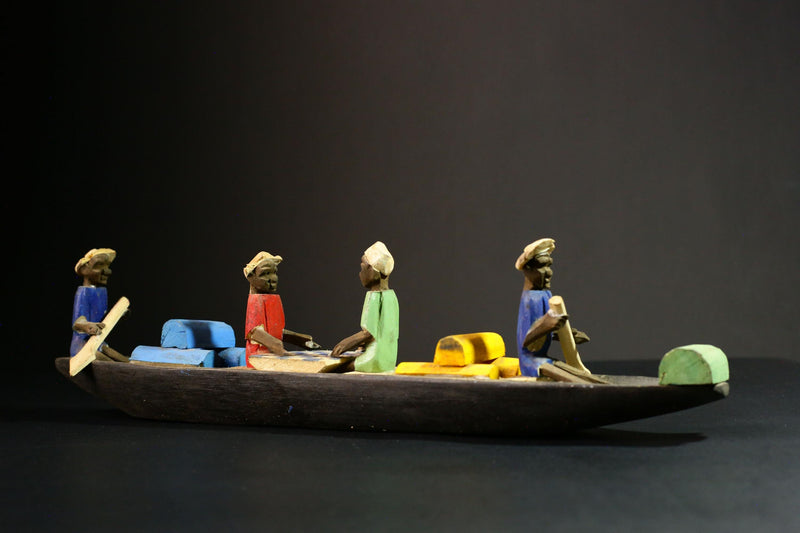 African Wooden Sculpture 4 Figures Handcrafted African Tribal Art - Wooden Boat Sculpture with Four Figures Decor -G1724