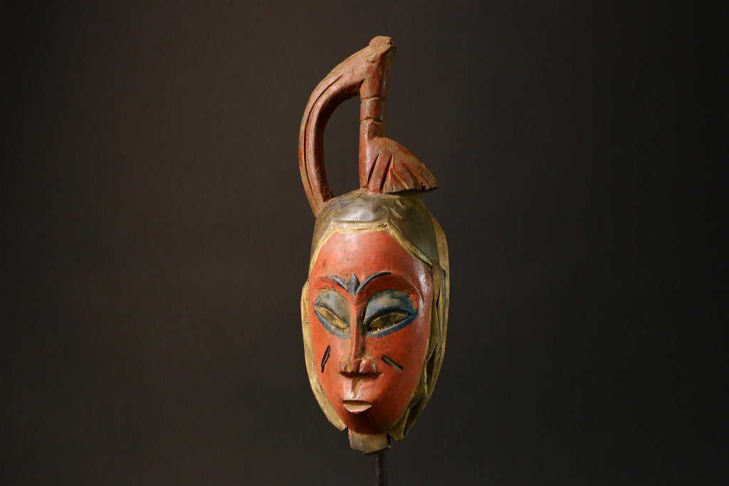 African Authentic Tribal Face Mask Hand-Carved Wooden Baule Style from Akan Peoples Unique Home Decor Piece - 9198