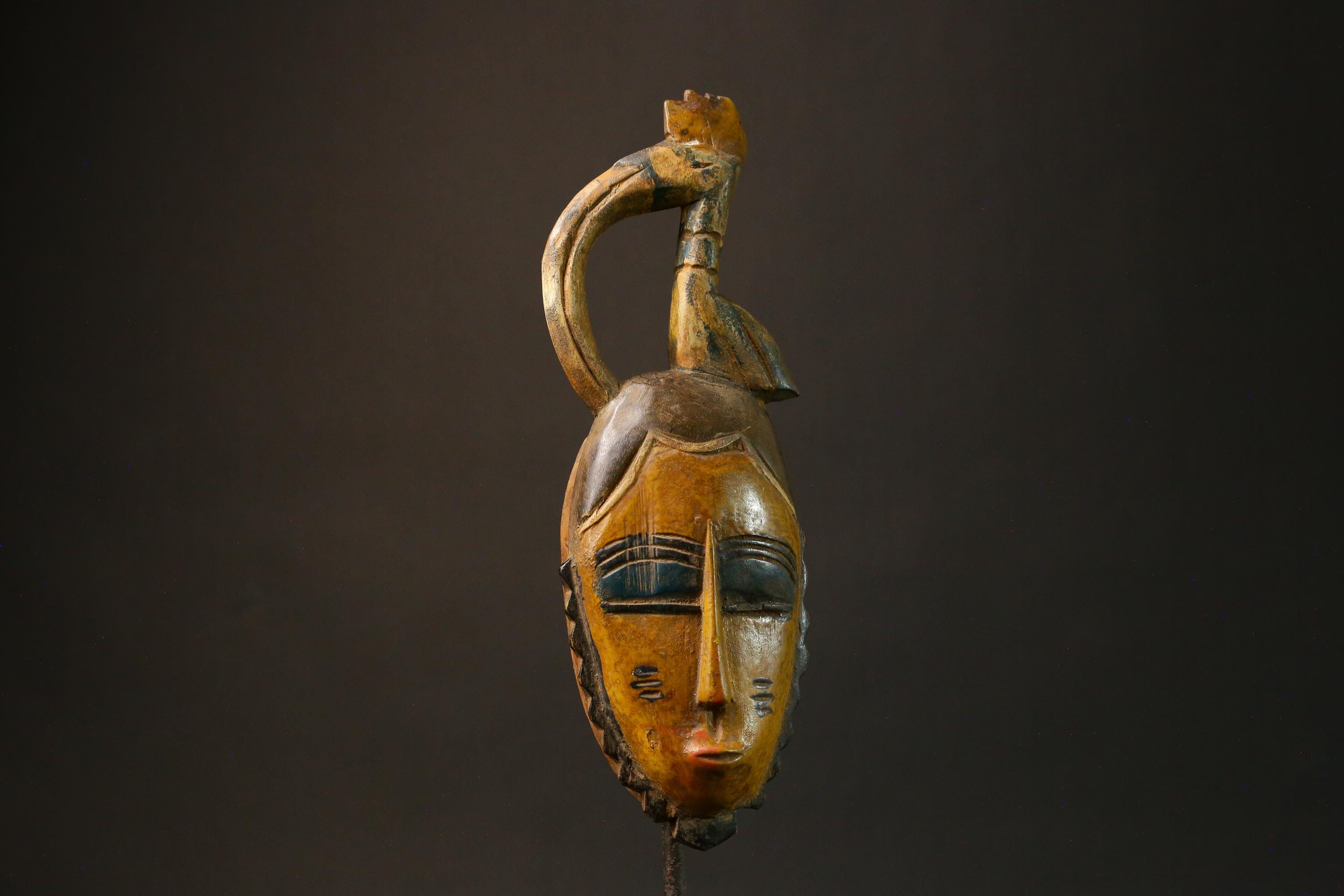 African Authentic Baule Tribal Face Mask - Hand-Carved Wooden Mask from Akan Peoples - Unique Wall Decor Art Piece Masks for wall- 9200