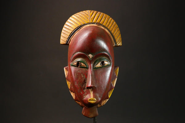 African Antique Red Guro Baule Mask Hand-Carved Wooden African Wall Art & Cultural Decor Unique Ethnic Art Piece for Home Decor - G3157