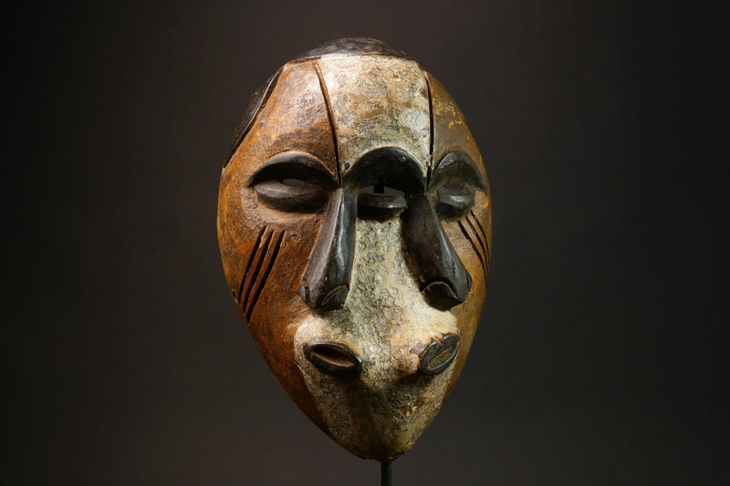 African Authentic Triple Faces Mask - Hand-Carved Wooden Lega Lengola Wall Decor from the DR Congo - Unique Ethnic Art Piece - G3152