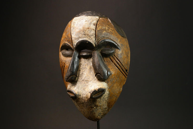 African Authentic Triple Faces Mask - Hand-Carved Wooden Lega Lengola Wall Decor from the DR Congo - Unique Ethnic Art Piece - G3152