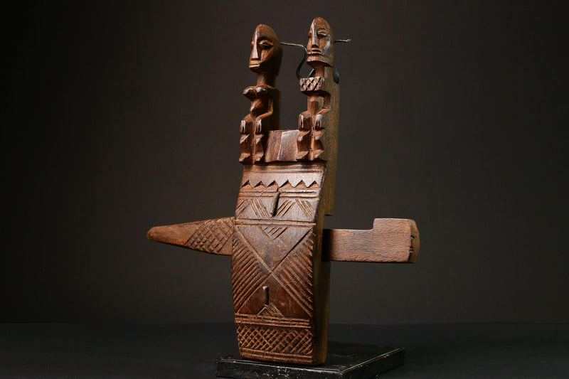 African Authentic Dogon Door Lock with 2 Figures and Crocodile - Unique Decorative Art from Mali - Cultural Home Accent -G3165