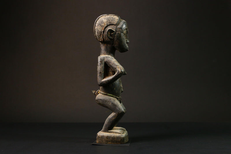 African Authentic Luba Statue - Black Figure of Woman Holding Breasts - Unique Art from Congo - Cultural Home Decor Collectible -G3164