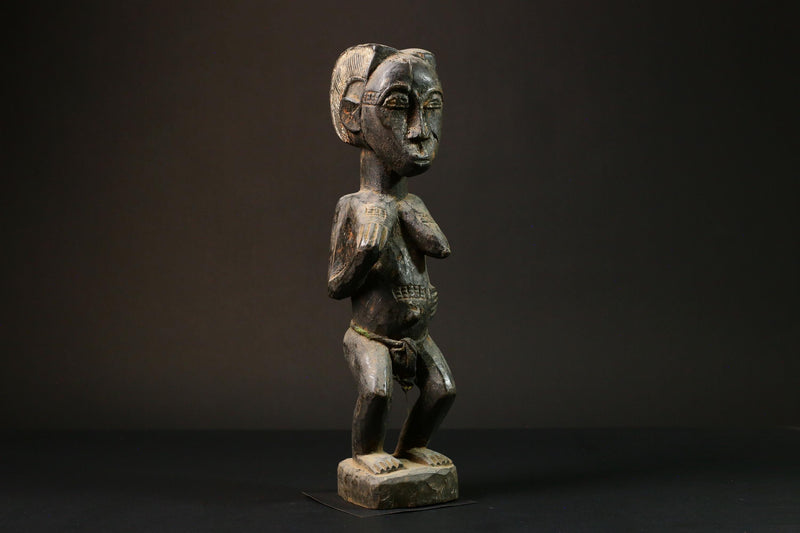 African Authentic Luba Statue - Black Figure of Woman Holding Breasts - Unique Art from Congo - Cultural Home Decor Collectible -G3164