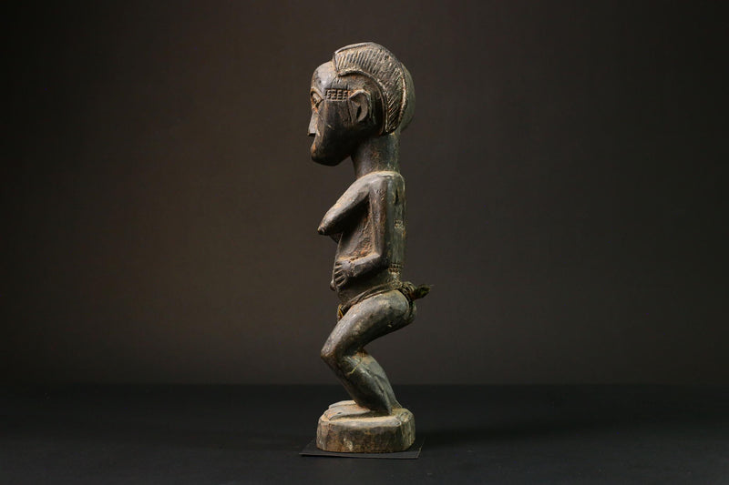 African Authentic Luba Statue - Black Figure of Woman Holding Breasts - Unique Art from Congo - Cultural Home Decor Collectible -G3164