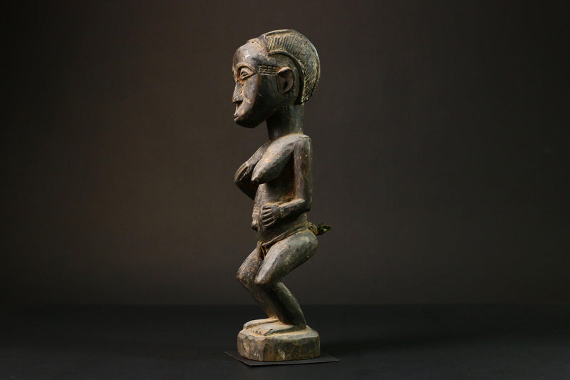 African Authentic Luba Statue - Black Figure of Woman Holding Breasts - Unique Art from Congo - Cultural Home Decor Collectible -G3164