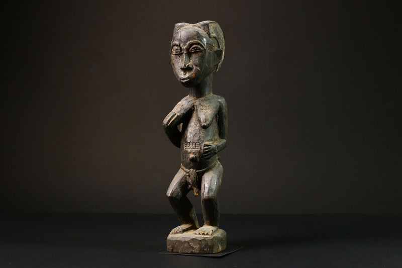 African Authentic Luba Statue - Black Figure of Woman Holding Breasts - Unique Art from Congo - Cultural Home Decor Collectible -G3164