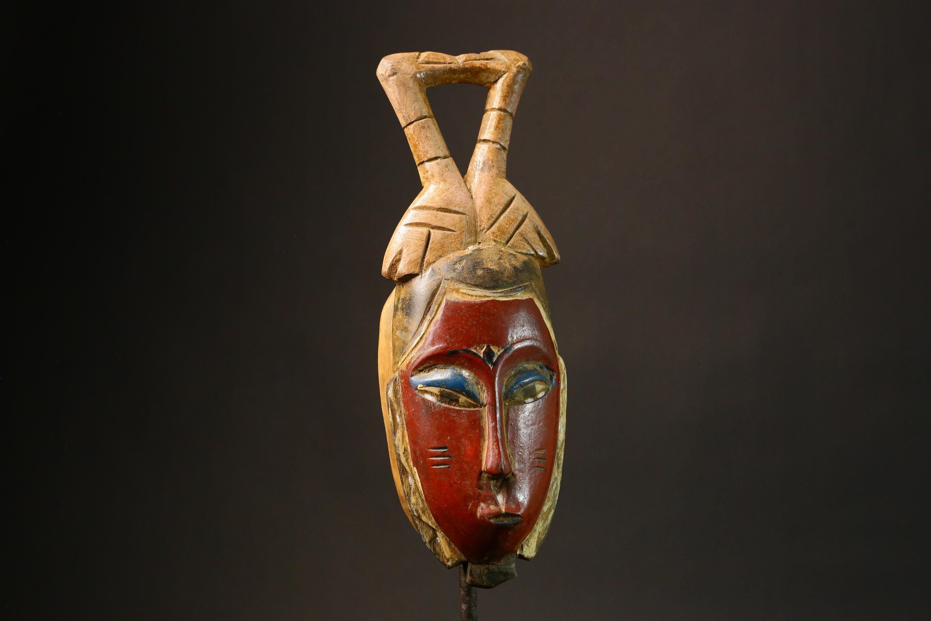 Authentic Vintage Guro Baule African Hand-Carved Wooden Tribal Art Face Mask Wall Decor Piece - Unique Ethnic Home Accent -9213
