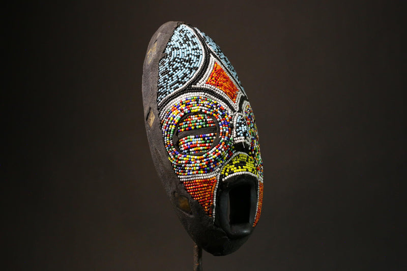 African Handmade Wall Decor Wooden Mask with Beads Unique Carved Hanging Art from Ghana Perfect for Home Decor and Cultural Enthusiasts-7945