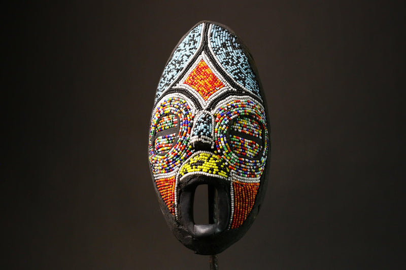 African Handmade Wall Decor Wooden Mask with Beads Unique Carved Hanging Art from Ghana Perfect for Home Decor and Cultural Enthusiasts-7945