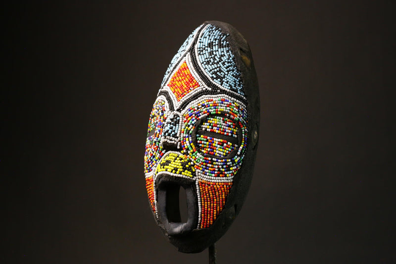 African Handmade Wall Decor Wooden Mask with Beads Unique Carved Hanging Art from Ghana Perfect for Home Decor and Cultural Enthusiasts-7945