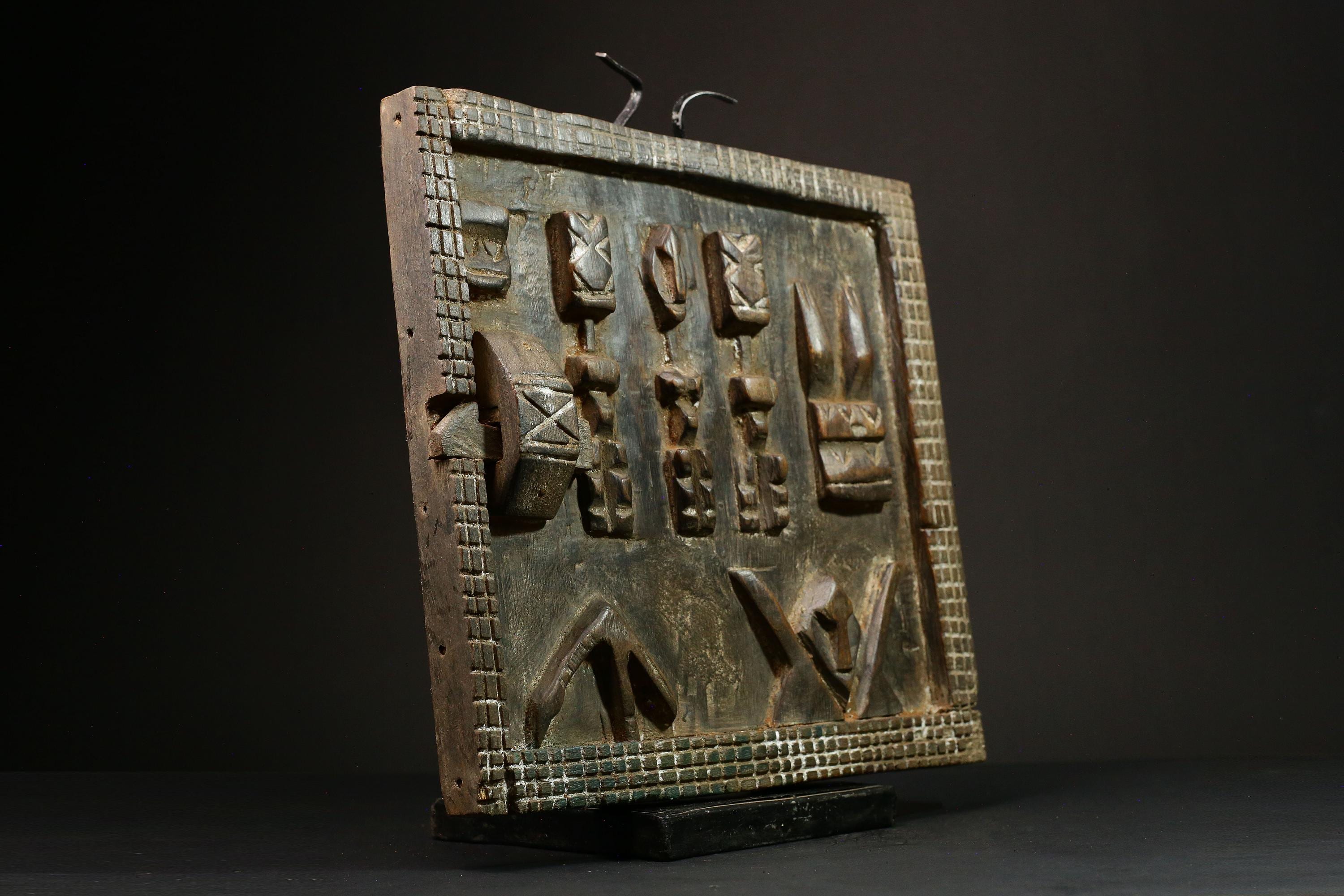 African Dogon Wood Granary Door Art Decor with Kanaga Mask Dancers | Unique Wall Hanging with Mythical Reptiles | Rustic Home Accent -G3203
