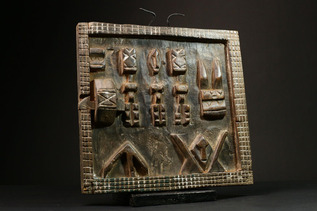 African Dogon Wood Granary Door Art Decor with Kanaga Mask Dancers | Unique Wall Hanging with Mythical Reptiles | Rustic Home Accent -G3203