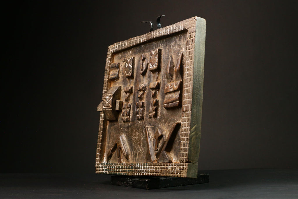 African Dogon Wood Granary Door Art Decor with Kanaga Mask Dancers | Unique Wall Hanging with Mythical Reptiles | Rustic Home Accent -G3203