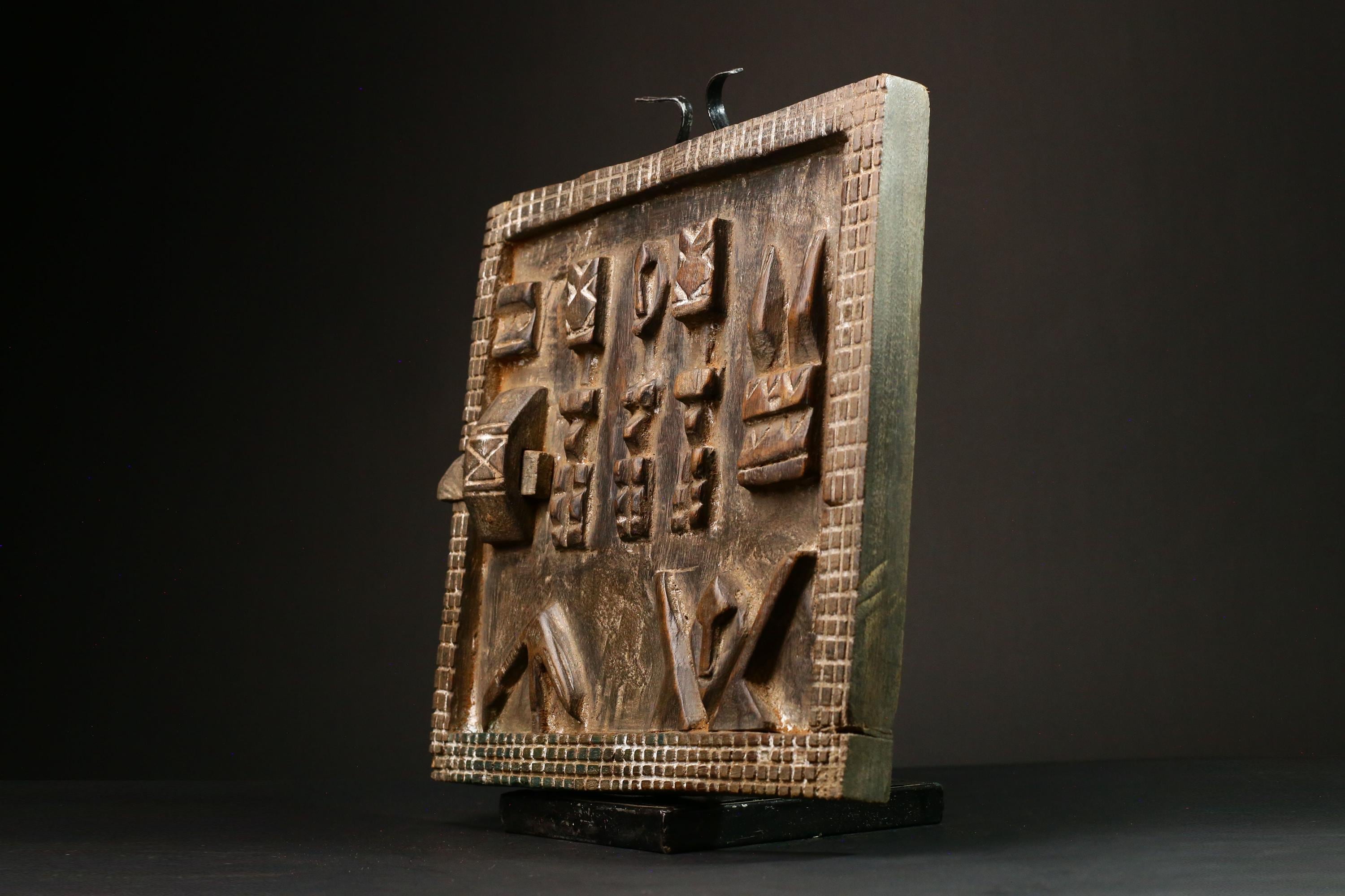 African Dogon Wood Granary Door Art Decor with Kanaga Mask Dancers | Unique Wall Hanging with Mythical Reptiles | Rustic Home Accent -G3203