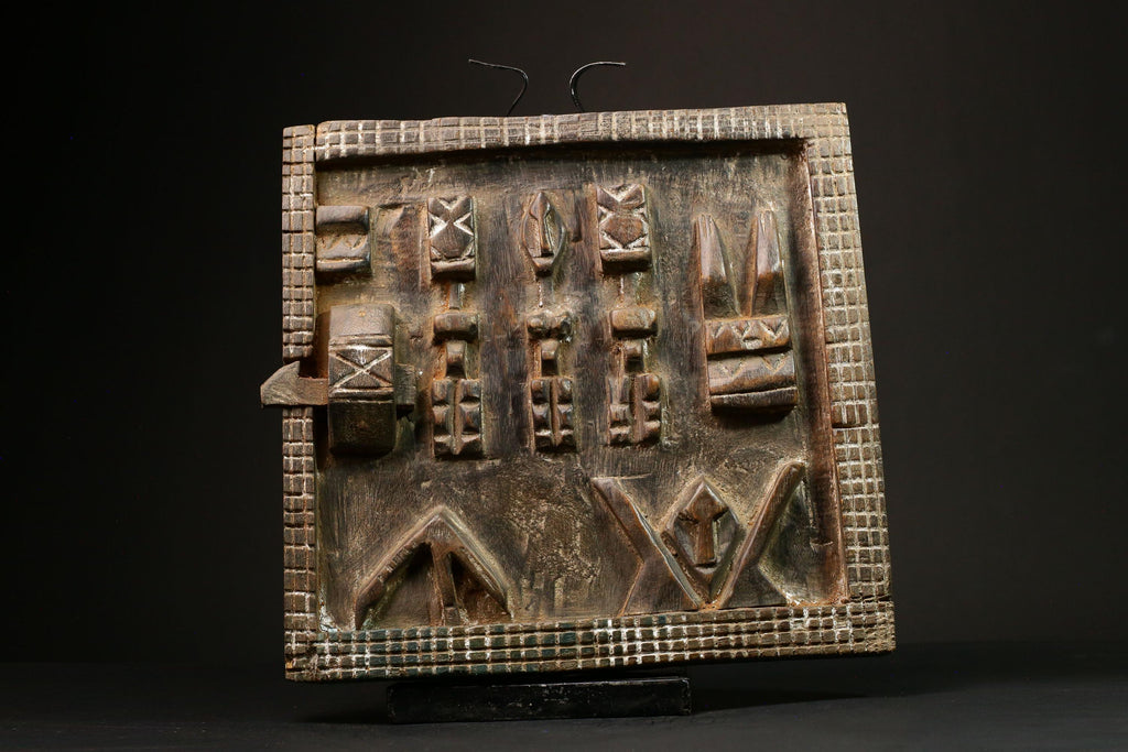 African Dogon Wood Granary Door Art Decor with Kanaga Mask Dancers | Unique Wall Hanging with Mythical Reptiles | Rustic Home Accent -G3203