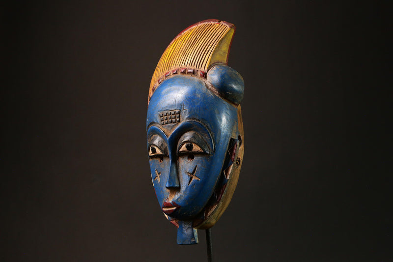 African Blue Carved Baule Mask African Wooden Wall Hanging Unique Art Home Decor G3196