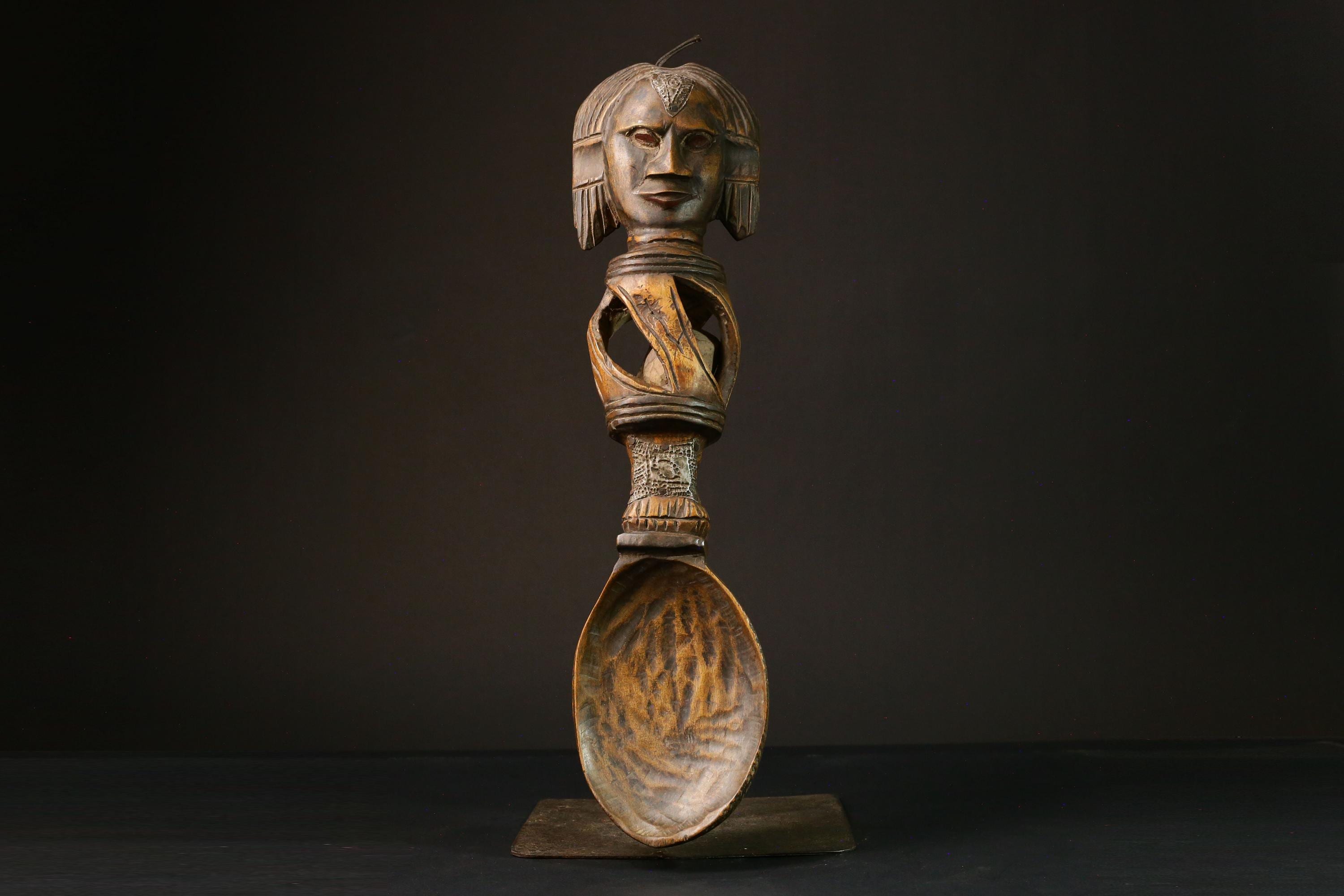 African primitive decor Ashanti Carved Spoon Unique Decorative Wooden Art Collectible Figure -G3208