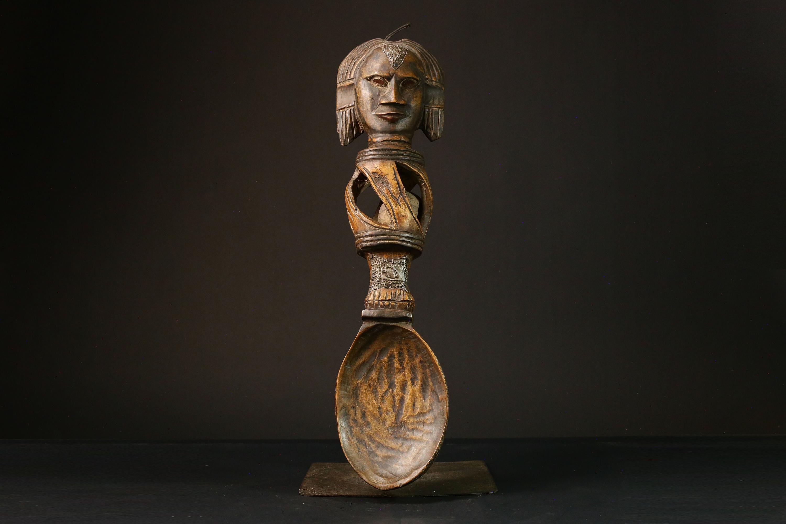 African primitive decor Ashanti Carved Spoon Unique Decorative Wooden Art Collectible Figure -G3208