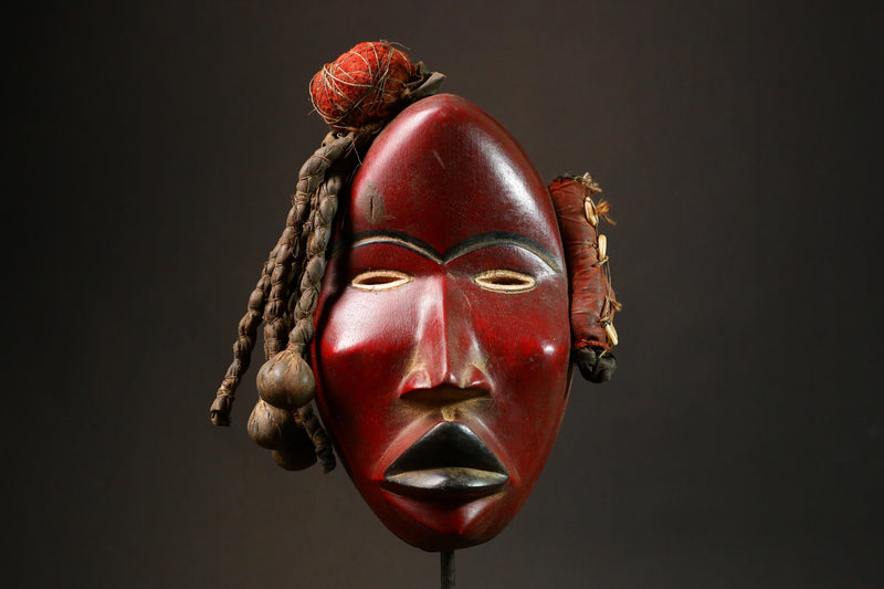 African Dan Racing Mask Red Authentic Tribal Art Round Eyes Collectible Unique Decor - G3246