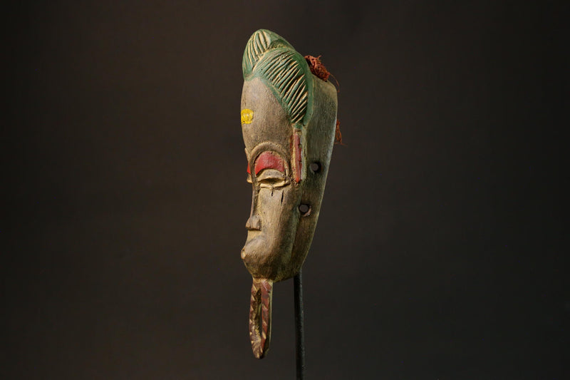 African Mask Tribal Face Vintage Wood Carved Baule Antique Hanging Art Piece with Powerful Presence-4690