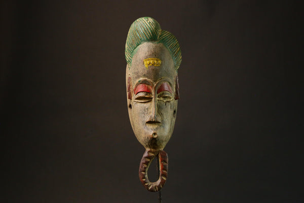 African Mask Tribal Face Vintage Wood Carved Baule Antique Hanging Art Piece with Powerful Presence-4690