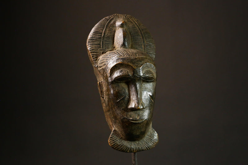 African Female Portrait Mask Handcrafted Antique Baule Art Dark Brown Decorative Wooden Mask Unique Home Decor Art Piece - G3287