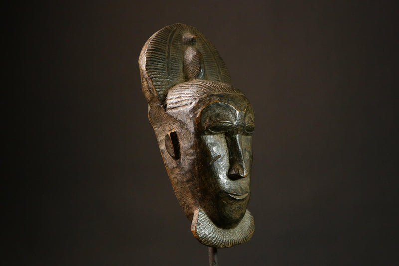 African Female Portrait Mask Handcrafted Antique Baule Art Dark Brown Decorative Wooden Mask Unique Home Decor Art Piece - G3287