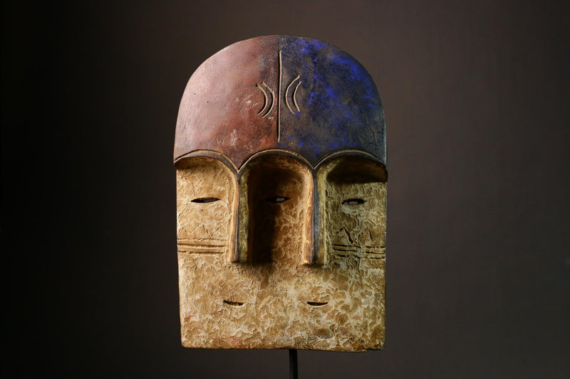 African mask Tribal Face Mask Wood Triple Lega Mask Unique Art from Congo Cultural Decor Ethnic Home Accent - 9326