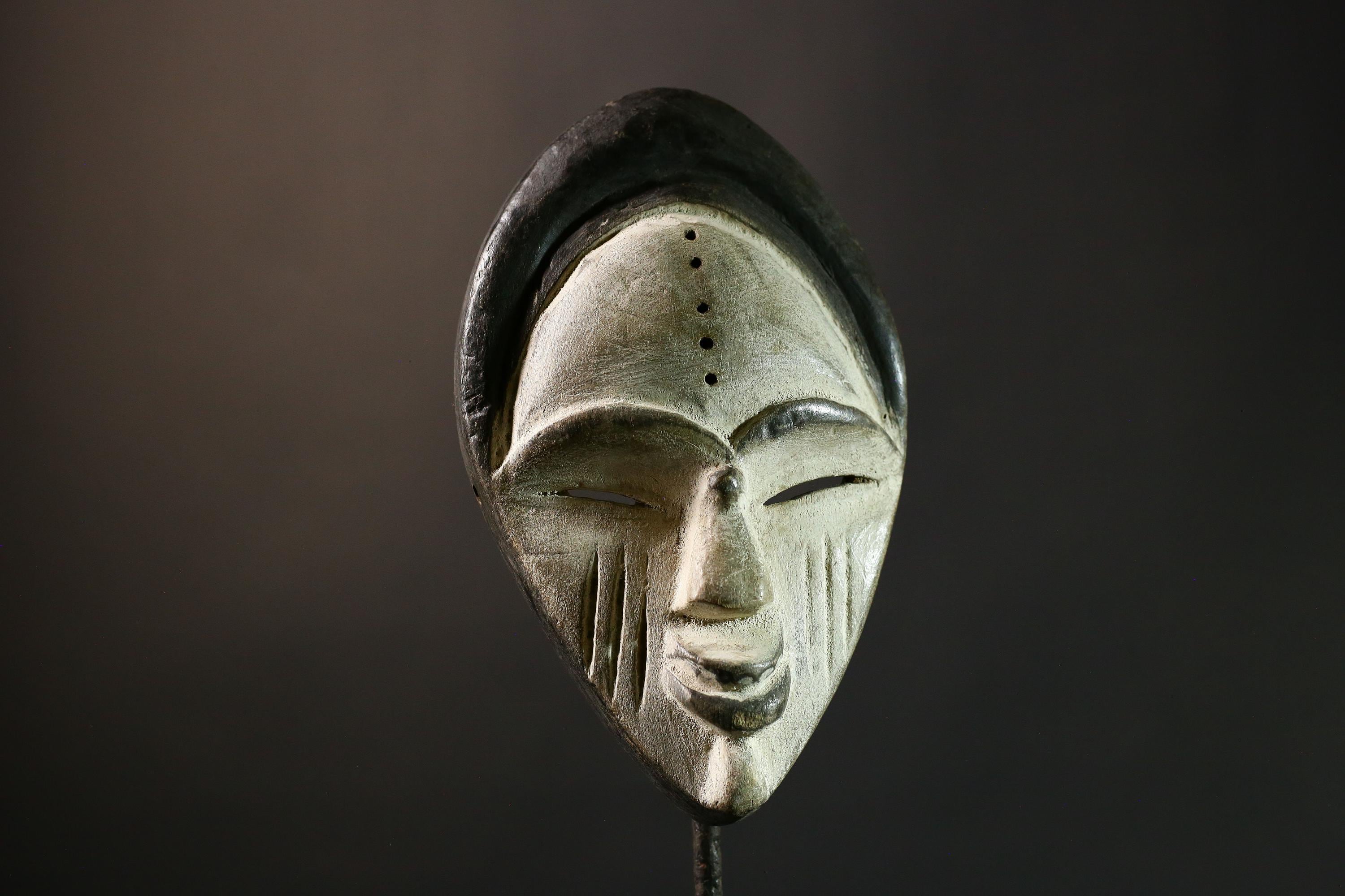 African Wooden Mask Tribal Face Decor Handcarved Igbo Wall Art Ethnic Home Accent Authentic Nigerian Masquerade - G3603