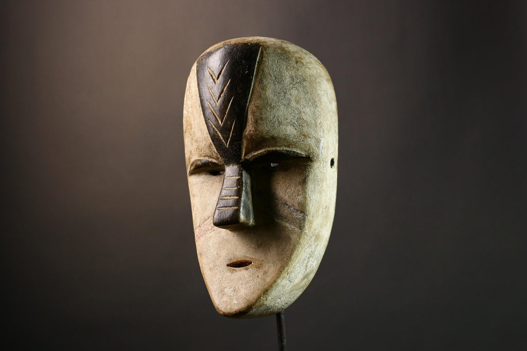 African Authentic Tribal Lega Mask White Face Congo Art Wood Wall Decor Ethnic Carved Sculpture Rare Cultural Artifact- G3595