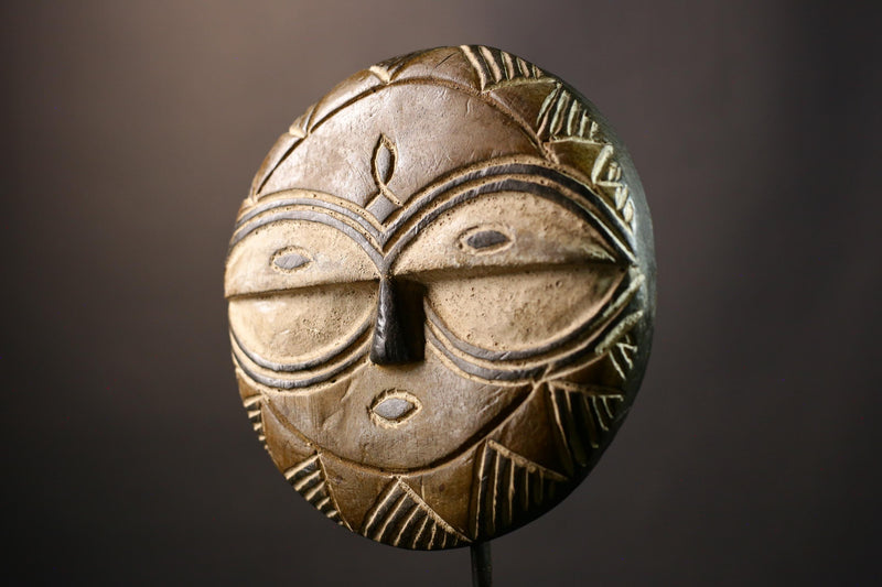 African Hand Moon Mask Authentic Teke Eket Wooden Wall Hanging Primitive Art for Unique Cultural Decor and Stylish Home Accent Piece-G3605