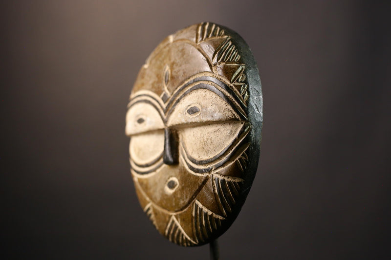 African Hand Moon Mask Authentic Teke Eket Wooden Wall Hanging Primitive Art for Unique Cultural Decor and Stylish Home Accent Piece-G3605