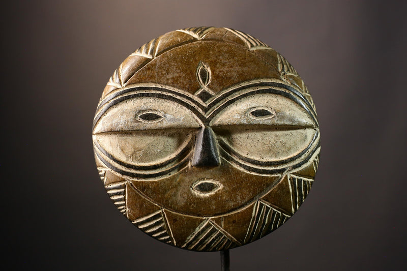 African Hand Moon Mask Authentic Teke Eket Wooden Wall Hanging Primitive Art for Unique Cultural Decor and Stylish Home Accent Piece-G3605