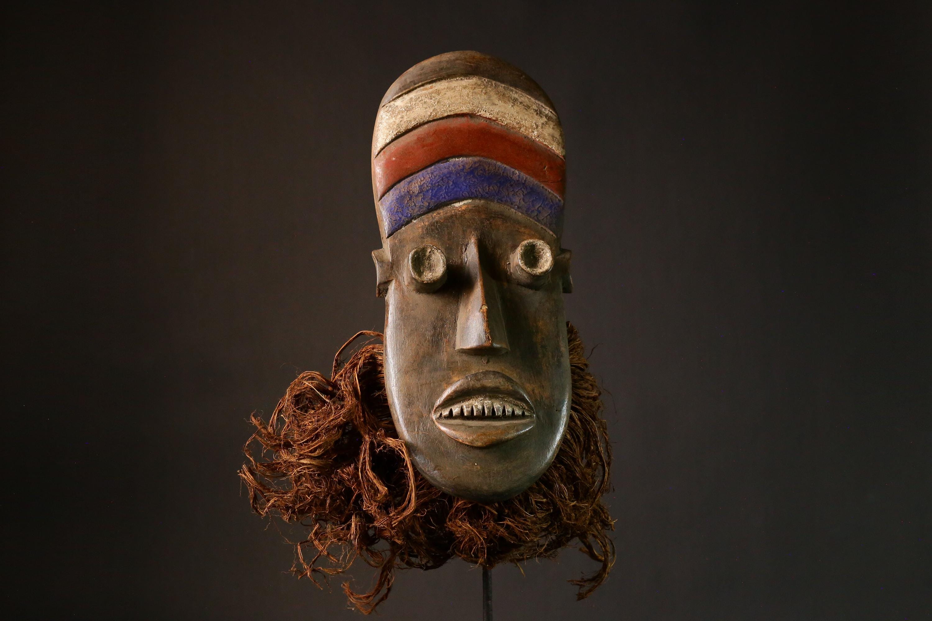 African mask Vintage African Lega Mask - Carved Tribal Art Face Wall Hanging Decoration-9290