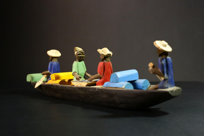 African Wooden Sculpture 4 Figures Handcrafted African Tribal Art - Wooden Boat Sculpture with Four Figures Decor -G1724