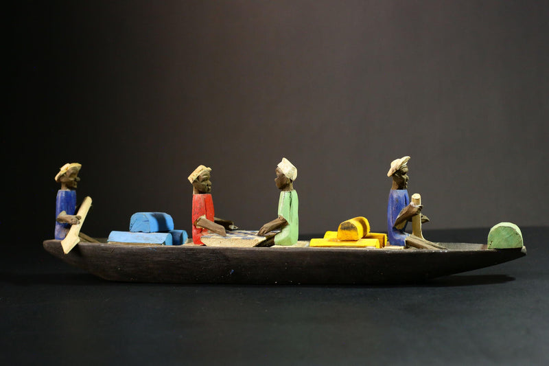 African Wooden Sculpture 4 Figures Handcrafted African Tribal Art - Wooden Boat Sculpture with Four Figures Decor -G1724