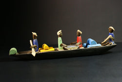 African Wooden Sculpture 4 Figures Handcrafted African Tribal Art - Wooden Boat Sculpture with Four Figures Decor -G1724