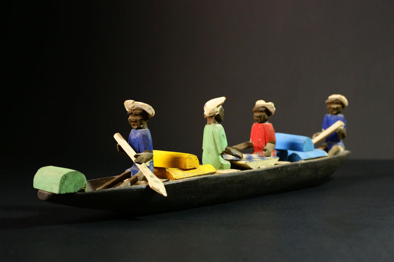 African Wooden Sculpture 4 Figures Handcrafted African Tribal Art - Wooden Boat Sculpture with Four Figures Decor -G1724