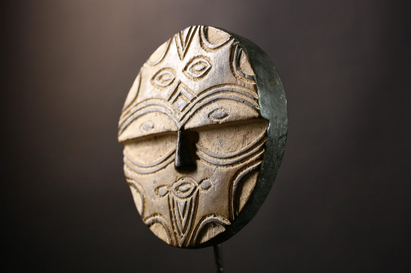 African Hand Moon Mask Authentic Teke Eket Wooden Wall Hanging Primitive Art for Unique Cultural Decor and Stylish Home Accent Piece-G3632