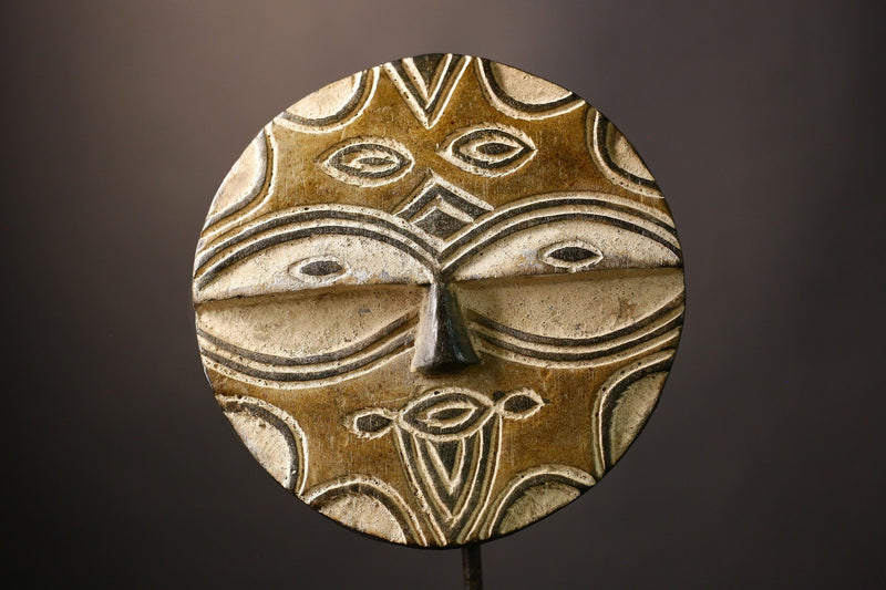 African Hand Moon Mask Authentic Teke Eket Wooden Wall Hanging Primitive Art for Unique Cultural Decor and Stylish Home Accent Piece-G3632