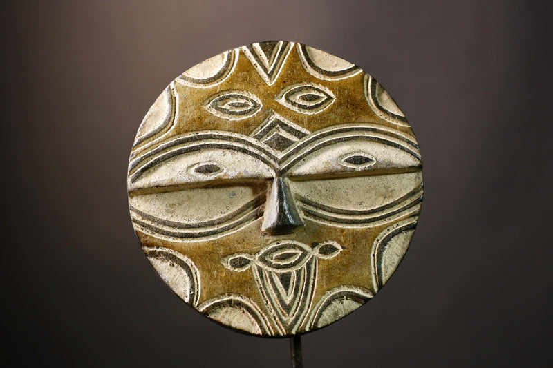 African Hand Moon Mask Authentic Teke Eket Wooden Wall Hanging Primitive Art for Unique Cultural Decor and Stylish Home Accent Piece-G3632