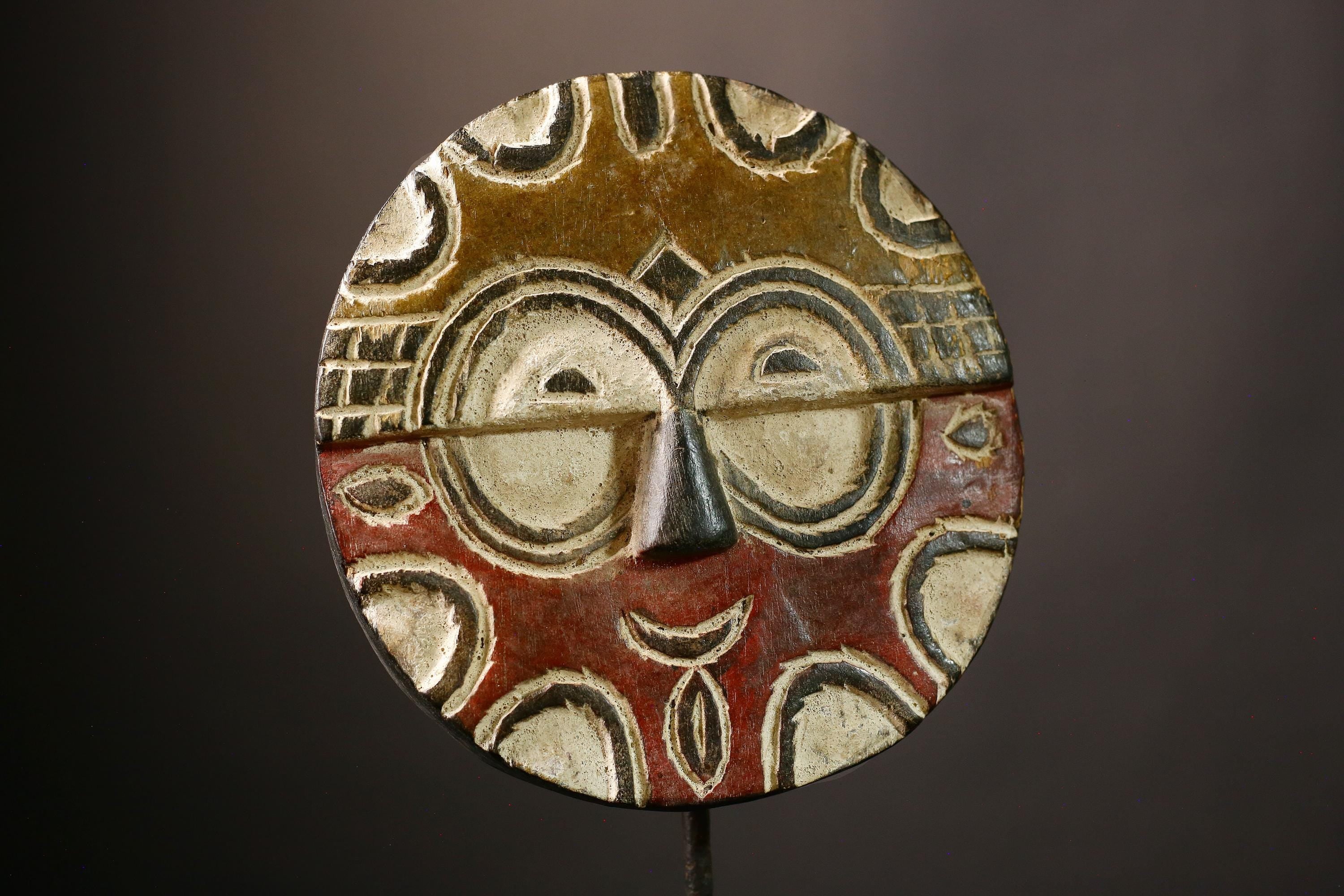 African Hand Moon Mask Antique Ekpo Eket African Wooden Mask Handcrafted Wall Hanging Decorative Art Tribal Home Decor & Cultural -G3631