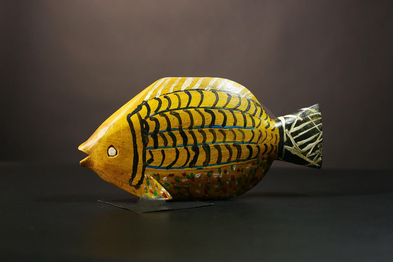 African Hand-Carved Tribal Bozo Fish Figurine Unique Solid Wood Exquisite Collectible Sculptures Authentic Cultural Home Decor Piece-G2027