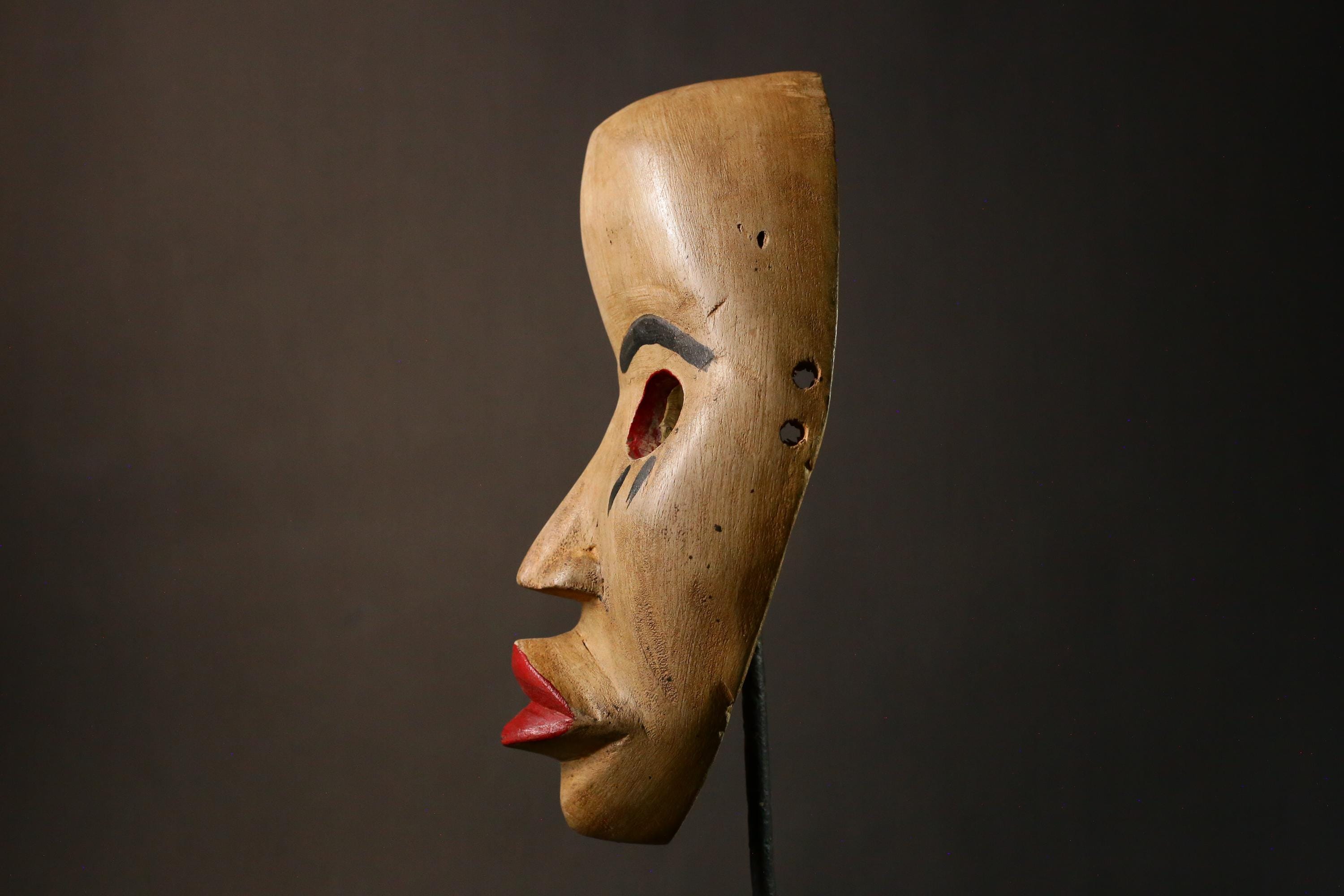 African Mask Vintage Dan Mask Hand Carved Black Wood Art from Côte d'Ivoire or Liberia - G3408