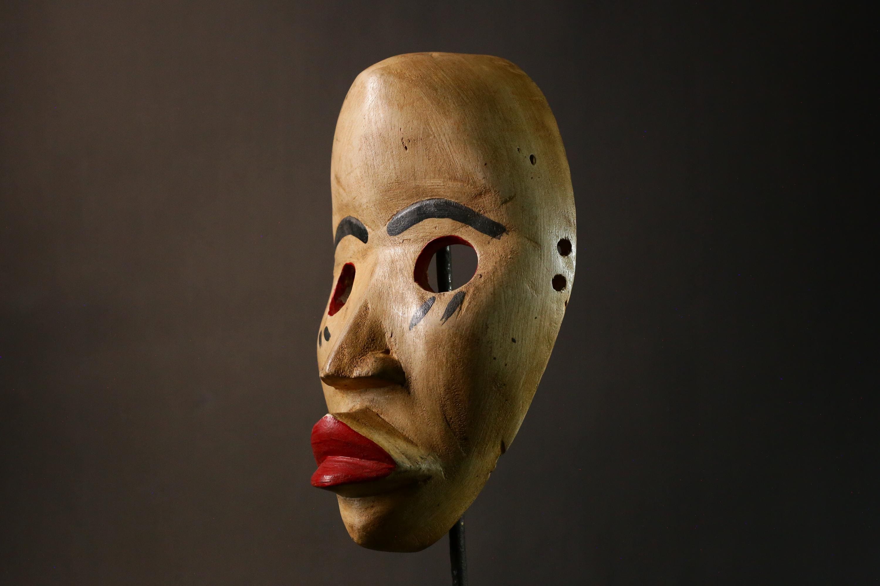 African Mask Vintage Dan Mask Hand Carved Black Wood Art from Côte d'Ivoire or Liberia - G3408