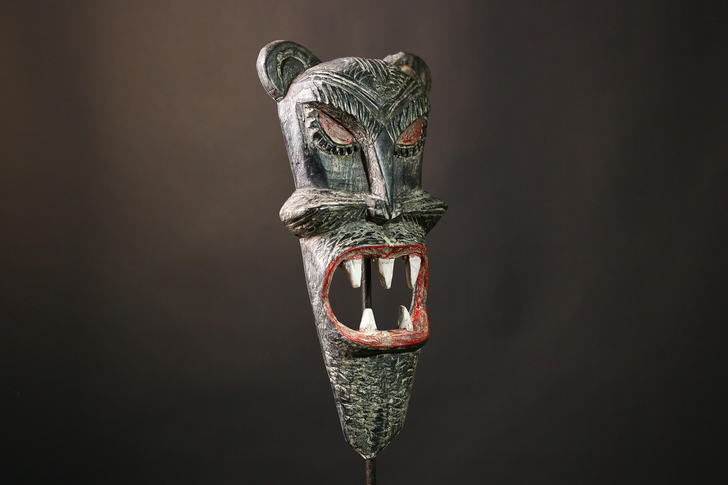 African Mask Vintage Baule Monkey - Hand-Carved Wood Tribal Sculpture for Unique Home Decor and Artistic Wall Art-G3663