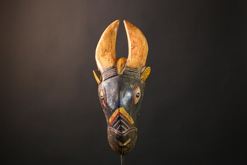 African Mask Hand-Carved Vintage Baule - Authentic Bidjogo Bull Wall Hanging Art, Unique Tribal Sculpture for Home Decor-G3656